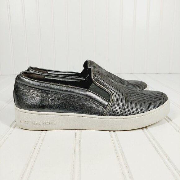 Michael Kors Signature Keaton Gunmetal Silver Leather Sneaker Loafers A20 - Picture 5 of 11